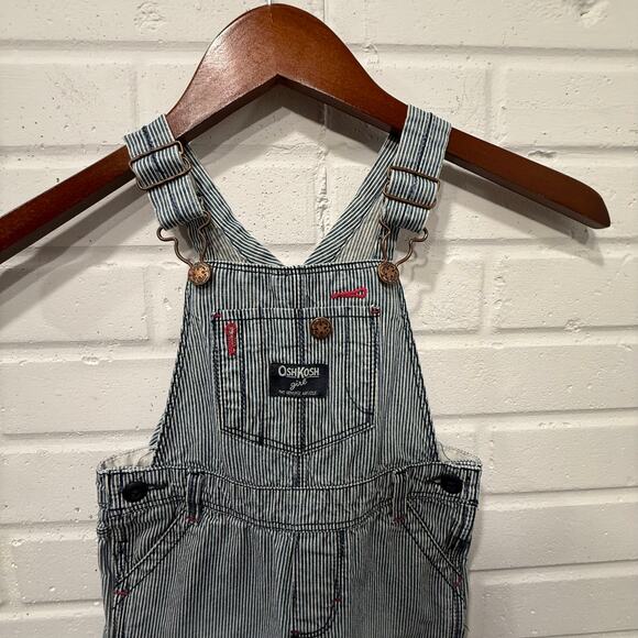 OshKosh BGosh Hickory Stripe Denim Bib Overalls Blue Pink Girls 24 Mos Railroad - Picture 3 of 13